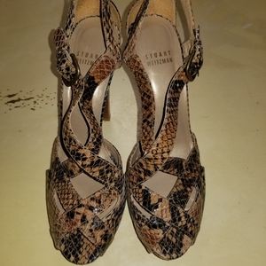 Stuart Weitzman Strappy Peep Toe Snake Print Heels 7